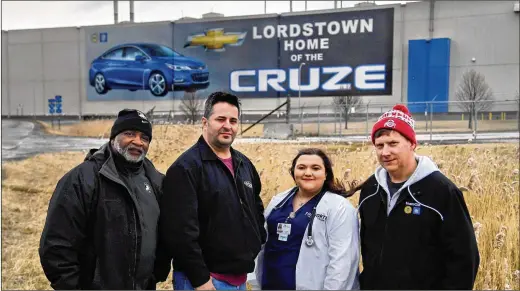  ?? PHOTOS BY MICHAEL S. WILLIAMSON / WASHINGTON POST ?? Some workers who had jobs related to GM’s Chevy Cruze factory in Lordstown, Ohio, include Cicero Davis (left), 54, who worked at GM for two years; Scott Mezzapeso, 47, who worked at Magna, a GM supplier, for eight years before he was laid off last summer; Nicole Thompson, 24, who worked at GM for a year and was laid off in 2017; and Mike Bajnok, 58, who worked at GM for nearly 10 years. He tried to do a retraining program but dropped out after the first week.