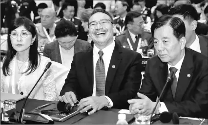  ??  ?? Hishammudd­in laughs as he sits next to Japan’s Defence Minister Tomomi Inada and South Korea’s Defence Minister Han Min-koo at the 16th IISS Shangri-La Dialogue in Singapore. — Reuters photo