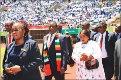  ??  ?? President Mnangagwa and First Lady Auxillia Mnangagwa arrive at the Zimbabwe Indigenous Interdenom­inational Churches Council Conference at National Sports Stadium in Harare yesterday.