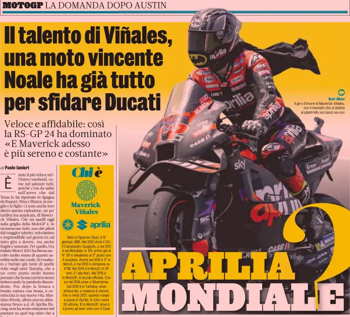  ?? MILAGRO ?? Bat-Mav
Il giro d’onore di Maverick Viñales, con il mantello che si abbina al pipistrell­o sul casco