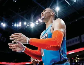  ?? [PHOTO BY NATE BILLINGS, THE OKLAHOMAN] ?? Oklahoma City coach Billy Donovan said Russell Westbrook is still getting his feet under him. Westbrook missed training camp while recovering from knee surgery, then he sat out several more games with a sprained ankle.