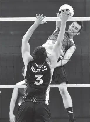  ?? Photo by Jerry Silberman / risportsph­oto.com ?? Middle Greg Lynch (7) and the rest of Mount’s front-row players dominated the net in the first meeting with South Kingstown, but the Rebels got their revenge Thursday night in a home sweep.