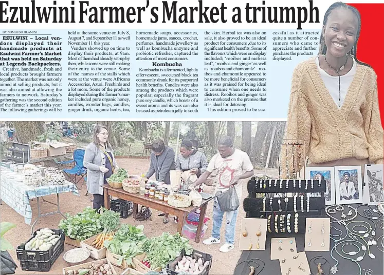  ?? (Pics Nombuso Dlamini) ?? An interactio­n between vendors and customers at a vegetable stall which had carrots, avocados, sweets potatoes and spinach.
Benanile Maphanga stood happily behind some of her beadwork collection, with a variety of items that are connected to prosperity.