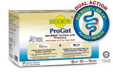  ??  ?? Biogrow Progut is made from all-natural Swedish oat fibre formulated with dual action from Oat BG22 fibre powder and B. lactis, BB-12 probiotic strain from Denmark.