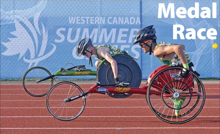  ?? STEVEN MAH/SOUTHWEST BOOSTER ?? Swift Current’s Hunter Berg (left) won silver in the 400 Metre Para Sport Race at the 2019 Western Canada Summer Games as he finished with three medals overall. Saskatchew­an finished second overall with 213 medals, including 56 gold, trailing only Alberta in both categories over 10 days of competitio­n in 16 different sports.