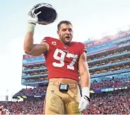  ?? KELLEY L COX/USA TODAY SPORTS ?? 49ers defensive end Nick Bosa celebrates a play against the Dolphins during the fourth quarter at Levi’s Stadium.