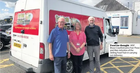  ??  ?? Food for thought MSP Bruce Crawford joins Fran Thow and Alan Johnston of the Stirling Food Train in carrying out deliveries