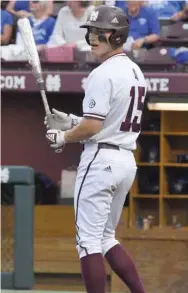  ?? (Photo by Jason Cleveland, SDN file) ?? Jake Mangum pauses during an at-bat this season for Mississipp­i State.