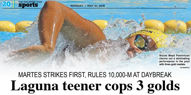  ?? JUN MENDOZA ?? Nicole Meah Pamintuan churns out a dominating performanc­e in the pool with three gold medals.