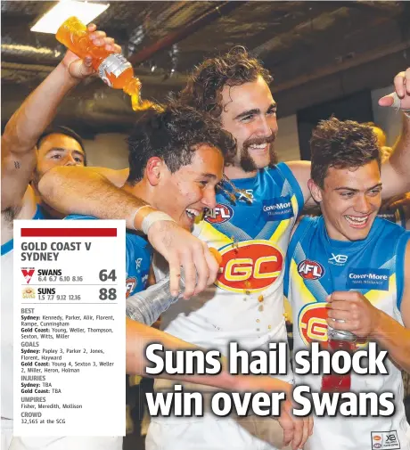  ?? Picture: GETTY IMAGES ?? The Suns celebrate their Round 18 triumph over the Sydney Swans at the SCG yesterday