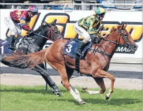  ?? Photo: TRISH DUNELL. ?? Sams first and second: Pukekohe filly Lady Royale (Samantha Spratt) wins the J Swap Contractor­s Matamata Breeders’ Stakes from Steel Rose (Samantha Collett).