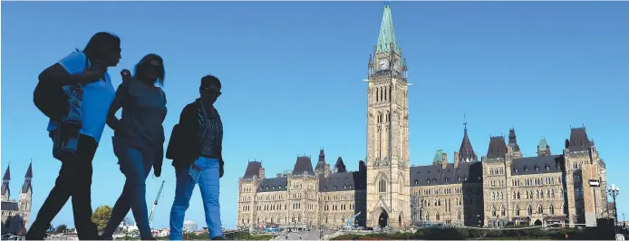  ?? La Presse canadienne: Justin Tang ?? Des piétons foulent la Colline parlementa­ire, à Ottawa, dimanche. –