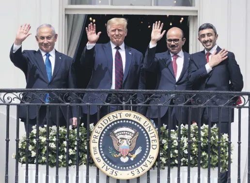  ??  ?? (From L to R) Israeli Prime Minister Benjamin Netanyahu, U.S. President Donald Trump, Bahrain Foreign Minister Khalid bin Ahmed al Khalifa, and UAE Foreign Minister Abdullah bin Zayed Al Nahyan pose for a photo in the White House, Sept. 15, 2020.