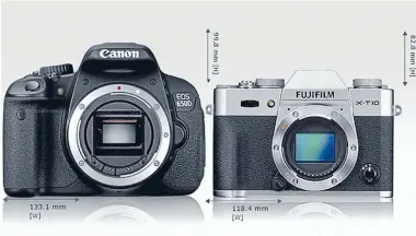  ?? Photo: CAMERASIZE.COM ?? The Fujifilm X-T10 weighs about 50 per cent less than the Canon 650D.
