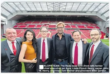  ??  ?? KLOPP TEAM: The Reds boss with (from left) former chief executive Ian Ayre, Linda Pizzuti Henry, owner John W. Henry, chairman Tom Werner and president Mike Gordon