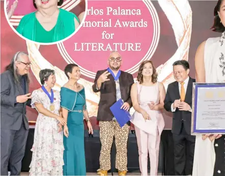  ?? ?? PROF. Vim Nadera, Dr. Genevieve Asenjo, Nemie Bermejo, Nobela Grand Prize winner Khavn, Criselda ‘Dang’ Cecilio-Palanca, and Carlos Palanca IV. Inset: Sylvia Palanca-Quirino, director-general emeritus, Don Carlos Palanca Memorial Awards for Literature.