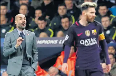  ??  ?? Guardiola y Messi, durante un enfrentami­ento entre el City y el Barça en la Champions League.