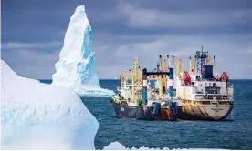  ??  ?? Krill fishing ships near the South Orkney Islands in the Southern Ocean. Some ships can vacuum up 1,000 tonnes of krill a day. Photograph: Hemis/Alamy