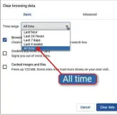  ??  ?? Select how far back you want Chrome to wipe your history – from just the last hour to all time