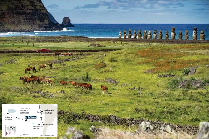  ?? Zone d’étude scientifiq­ue potentiell­e (PHOTOS PETER CHARAF) ?? Polynésie française Ile de Pâques Lima Ile Robinson Crusoe Valparaiso Située à quelque 3000 km des côtes chiliennes, l’île de Pâques est la plus éloignée du monde. Mais les courants y amènent chaque année quelque 50 tonnes de déchets plastiques.