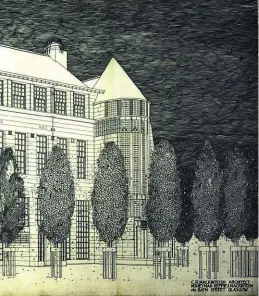  ??  ?? Segni moderni. 1. Charles Rennie Mackintosh, disegno per il progetto della Scotland Street School. 2. Sedia Hill House oggi prodotta da Cassina nella collezione I Maestri. 3. Il Daily Record Building, Glasgow, acquerello, 1901.