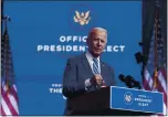  ?? CAROLYN KASTER THE ASSOCIATED PRESS ?? Presidente­lect Joe Biden speaks at The Queen theater in Wilmington, Del., on Nov. 10.