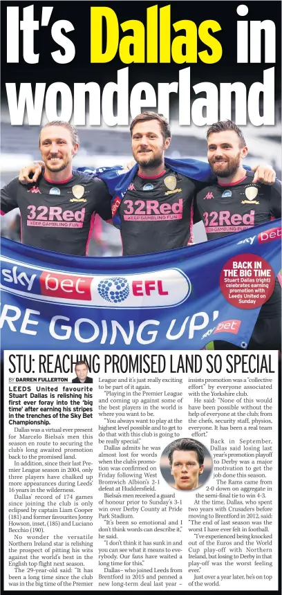  ??  ?? BACK IN THE BIG TIME Stuart Dallas (right) celebrates earning promotion with Leeds United on Sunday