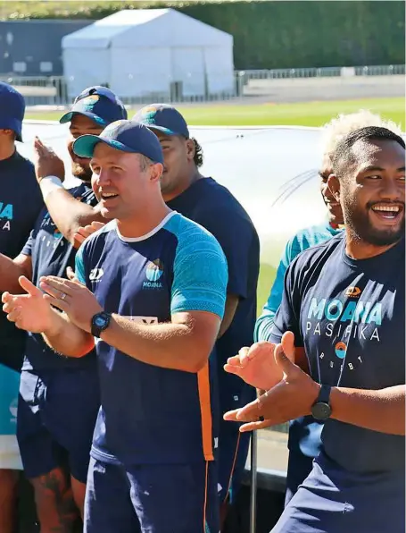  ?? Photo: Moana Pasifika ?? Moana Pasifika head coach Aaron Mauger and captain Sekope Kefu (right) during a team session before today’s Super Rugby Pacific clash against the Swire Shipping Fijian Drua at CommBank Stadium in Sydney.