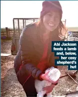  ??  ?? Abi Jackson feeds a lamb and, below, her cosy shepherd’s
hut