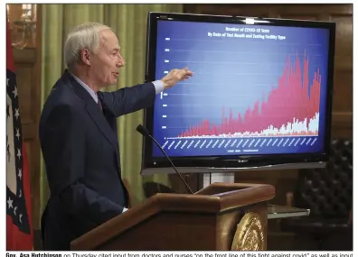  ?? (Arkansas Democrat-Gazette/Staton Breidentha­l) ?? Gov. Asa Hutchinson on Thursday cited input from doctors and nurses “on the front line of this fight against covid,” as well as input from legislator­s as reasons he decided to take the step on masks. He also said public acceptance of wearing masks has grown.