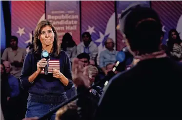  ?? JACK GRUBER/USA TODAY ?? Republican presidenti­al candidate Nikki Haley speaks during the Seacoast Media Group and USA TODAY Network 2024 Republican Presidenti­al Candidate Town Hall Forum held in the historic Exeter Town Hall in Exeter. The former governor of South Carolina and former United States Ambassador to the United Nations spoke to prospectiv­e New Hampshire voters about issues during the hour-long forum.