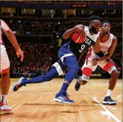  ?? MARK KOLBE / GETTY IMAGES ?? Jaylen Brown drives to the basket Monday during an internatio­nal friendly match between Canada and the USA in Sydney.