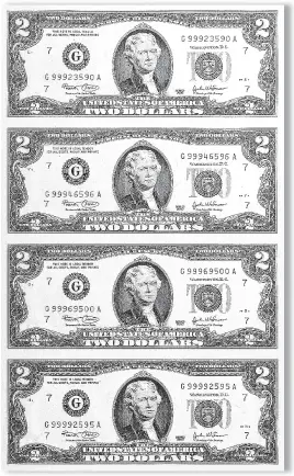  ??  ?? FULL UNCUT SHEETS: Above is one of the valuable uncut sheets of four never circulated $2 bills that are actually being released to U.S. residents. These crisp seldom seen uncut sheets of real money are being released on a first come, first served basis. That’s why U.S. residents whose zip code appears on the Distributi­on List need to immediatel­y call 1‑800‑601‑3407 to get the protective Bankers Portfolios full of real money since they’re only being released by the Lincoln Treasury through this offer for the next 48 hours.