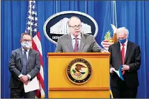  ??  ?? Jeff Clark, Assistant Attorney General for the Environmen­t and Natural Resources Division, speaks as Deputy Attorney General Jeffrey Rosen (right), and Environmen­tal Protection Agency (EPA) Administra­tor Andrew Wheeler, (left) look on during a news conference at the Justice Department
in Washington on Sept 14, 2020. (AP)