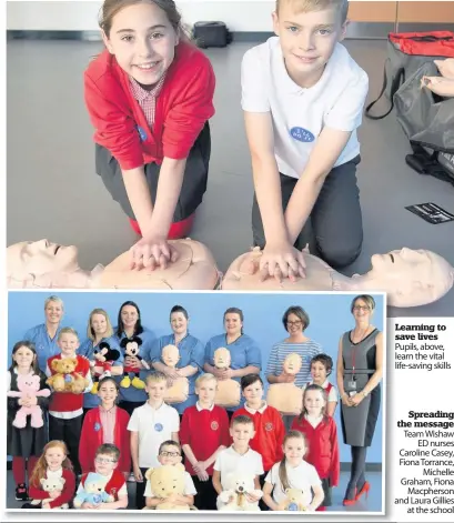  ??  ?? Learning to save lives Pupils, above, learn the vital life-saving skills Spreading the message Team Wishaw ED nurses Caroline Casey, Fiona Torrance, Michelle Graham, Fiona Macpherson and Laura Gillies at the school