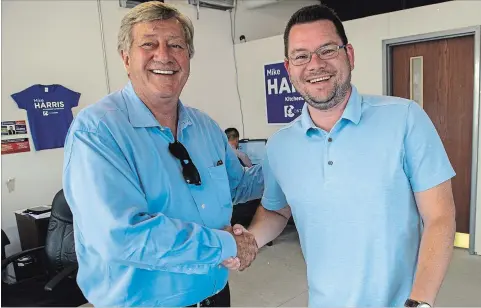  ?? ANDREJ IVANOV WATERLOO REGION RECORD ?? Mike Harris Jr. with his father, former premier Mike Harris, at his campaign office in Kitchener on election day.