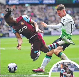  ?? ?? Mohammed Kudus of West Ham United is challenged by Alexis Mac Allister of Liverpool. Inset: Michail Antonio of West Ham United celebrates scoring his team’s second goal with teammate Mohammed Kudus. Picture: Justin Setterfiel­d/Getty Images