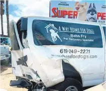  ?? COURTESY PHOTO ?? Pet tracker Babs Fry’s custom van was totaled in an accident on Interstate 805 while she was trying to catch a runaway black lab on July 13.