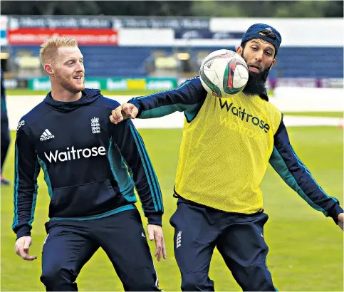  ??  ?? Whole new ball game: Ben Stokes and Moeen Ali enjoy a kickabout at Cardiff ahead of today’s fifth and final ODI against Pakistan