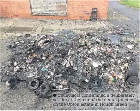  ??  ?? Councillor­s condemned a deliberate­ly set fire at the rear of the dental practice, on the Upton estate in Hough Green