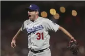  ?? JED JACOBSOHN — THE ASSOCIATED PRESS ?? Dodgers pitcher Max Scherzer celebrates after the Dodgers defeated the San Francisco Giants in Game 5 of a National League Division Series Thursday in San Francisco.