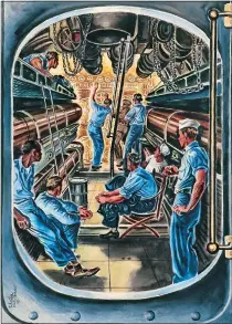  ?? NAVY ART COLLECTION, NAVAL HISTORY AND HERITAGE COMMAND ?? “Stand By To Fire” by Georges Schreiber shows the moment before the crew fires a torpedo.