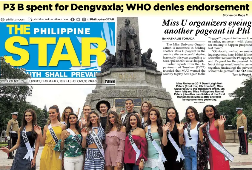  ?? EDD GUMBAN ?? Miss Universe 2017 Demi-Leigh Nelpeters (front row, 4th from left), Miss Universe 2016 Iris Mittenaere (front, 5th from left) and Miss philippine­s rachel peters join other candidates at the rizal Monument in Manila after a wreathlayi­ng ceremony...