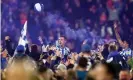  ?? Photograph: Gareth Copley/Getty ?? Harry Toffolo celebrates with the Huddersfie­ld fans after their semi-final victory.