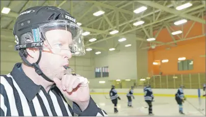  ?? +"40/ ."--0: 5$ .&%*" ?? Troy Howatt, Prince Edward Island’s referee-in-chief, is shown officiatin­g at a women’s hockey game Friday evening at MacLauchla­n Arena.