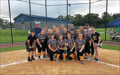  ?? THOMAS NASH — DIGITAL FIRST MEDIA ?? Members of the Upper Perkiomen softball team gather around the trophy after winning the District 1-4A Championsh­ip on Wednesday afternoon at Immaculata University.