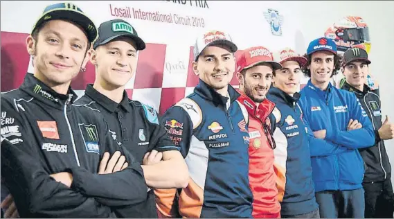  ?? FOTO: MOTOGP ?? Primera rueda de prensa de la temporada en el circuito de Losail Valentino Rossi, Fabio Quartararo, Jorge Lorenzo, Andrea Dovizioso, Marc Márquez, Alex Rins y Maverick Viñales