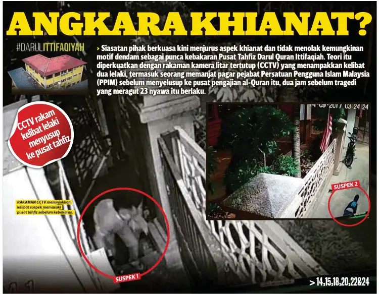  ??  ?? RAKAMAN CCTV menunjukka­n kelibat suspek memasuki pusat tahfiz sebelum kebakaran.