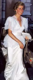  ??  ?? Clockwise from left: in a Bruce Oldfield outfit in 1990; the Regamus gown Diana wore to a ball in 1979; in her Bill Pashley honeymoon tweed with Prince Charles at Balmoral, 1981, and wearing a Victor Edelstein evening gown, 1987 – all of which feature...