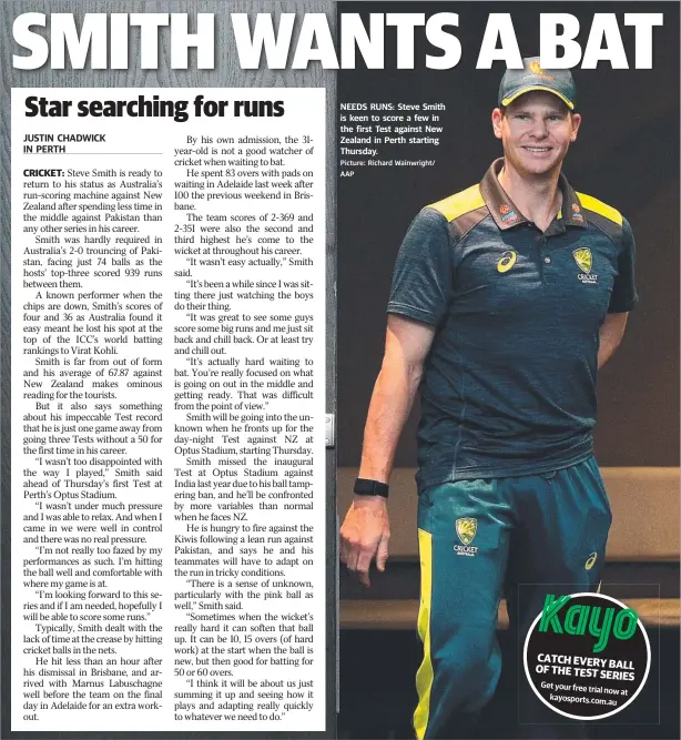  ?? Picture: Richard Wainwright/ AAP ?? NEEDS RUNS: Steve Smith is keen to score a few in the first Test against New Zealand in Perth starting Thursday.
